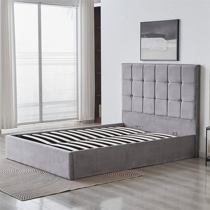 Cube Square Velvet Ottoman Storage Bed Frame with Gas Lift Storage