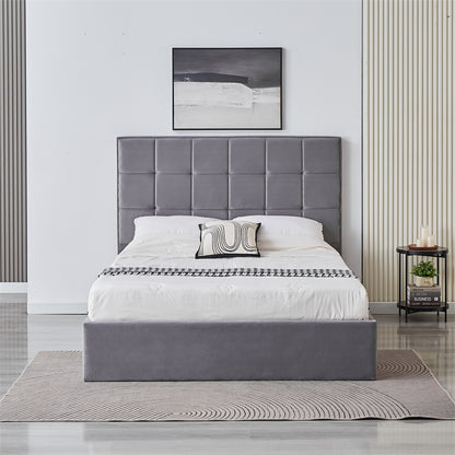 Cube Square Velvet Ottoman Storage Bed Frame with Gas Lift Storage