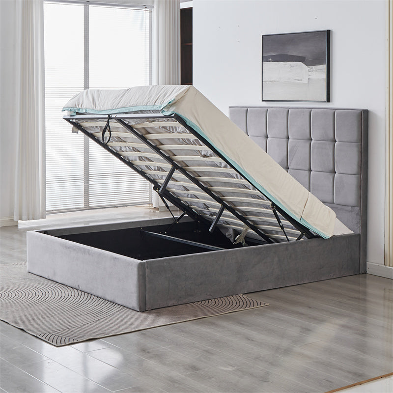 Cube Square Velvet Ottoman Storage Bed Frame with Gas Lift Storage