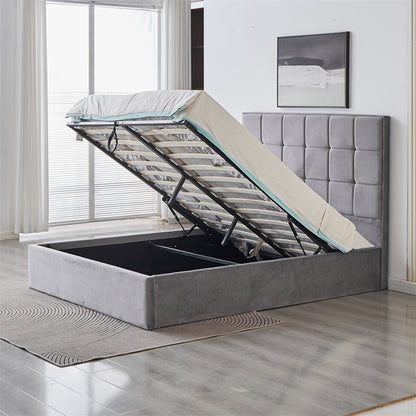 Cube Square Velvet Ottoman Storage Bed Frame with Gas Lift Storage