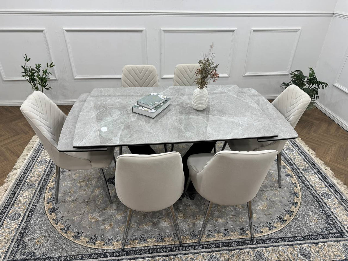 Roma Luxury Extendable Grey Marble-Effect Dining Table Set with 6 or 8 Grey Chairs