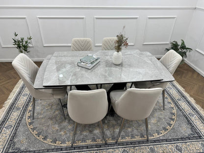 Roma Luxury Extendable Grey Marble-Effect Dining Table Set with 6 or 8 Grey Chairs