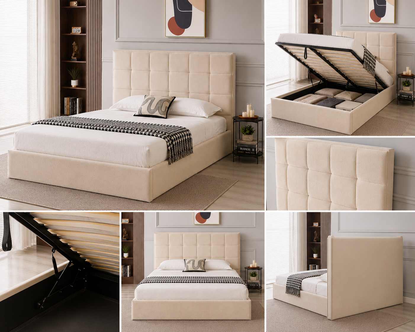 Velora Panel Upholstered Storage Bed – Modern Grey &amp; Beige Bed with Hydraulic Lift