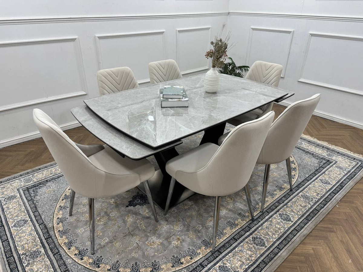 Roma Luxury Extendable Grey Marble-Effect Dining Table Set with 6 or 8 Grey Chairs