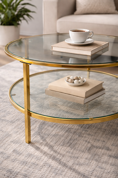 Clio Round Gold &amp; Glass Coffee Table with Lower Shelf