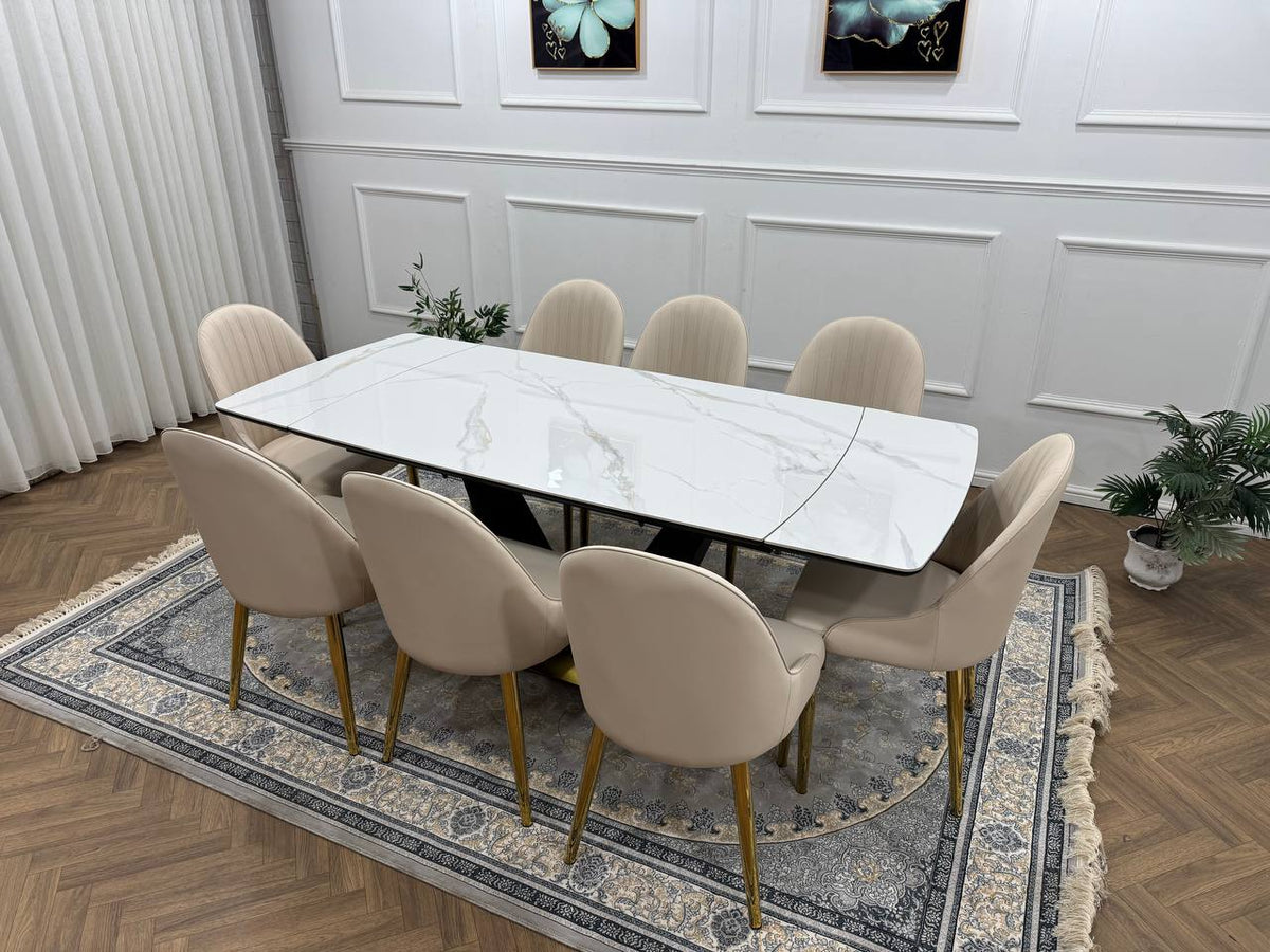 Elara Luxury Extendable Marble-Effect Dining Table Set