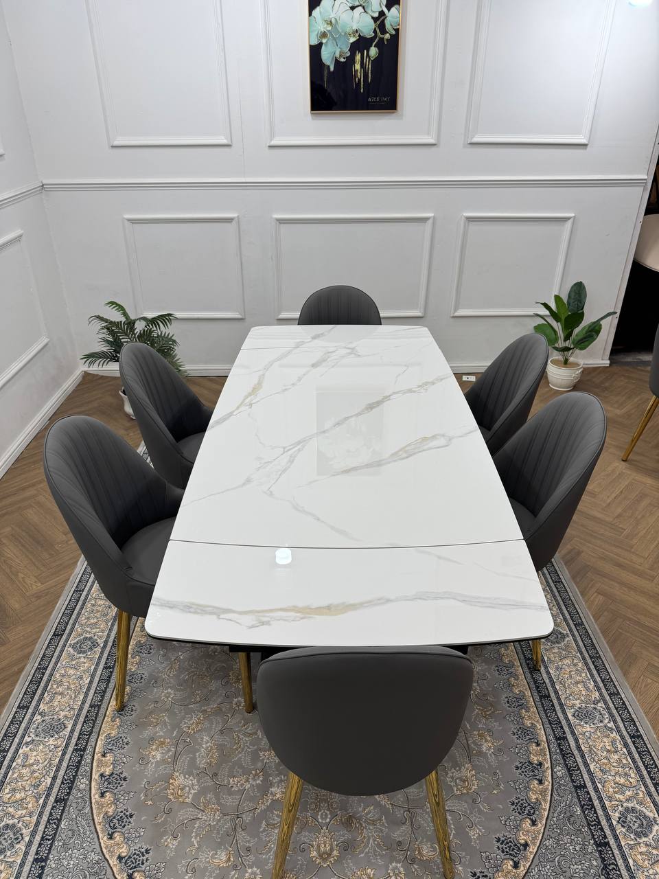 Elara Luxury Extendable Marble-Effect Dining Table Set