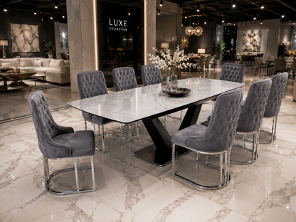 Q&amp;P Furniture Lumia extendable dining table set with polished wooden surface and sturdy legs, ideal for family meals and gatherings.