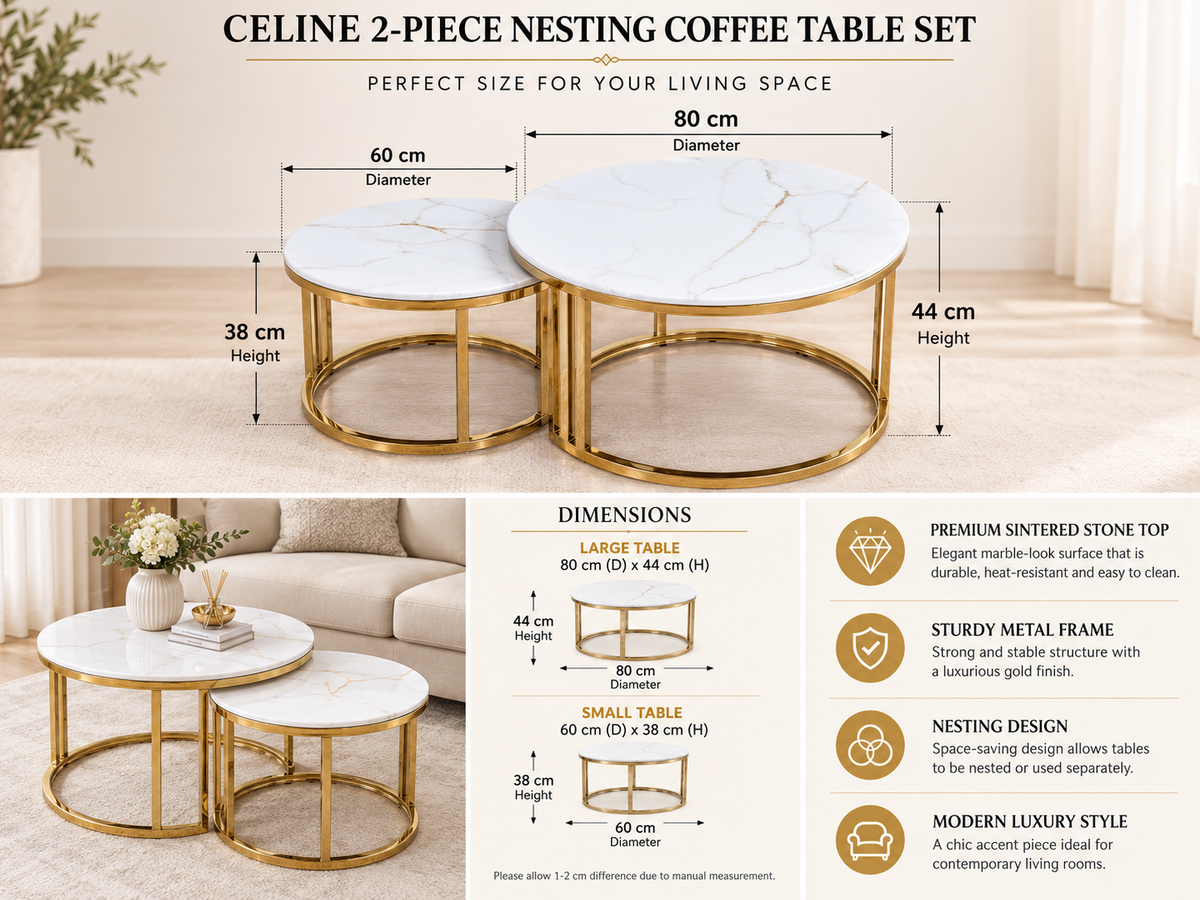 Seashell Celine Sintered Stone Nesting Coffee Tables – White &amp; Gold