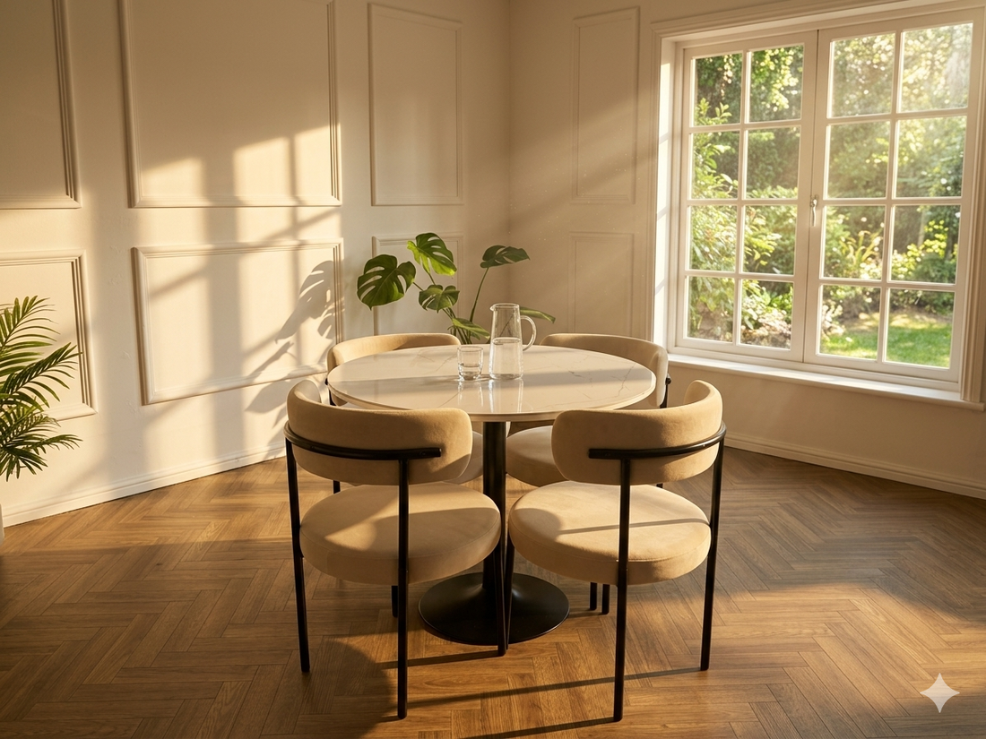 Beige and black Luxe velvet dining table by Q & P Furniture with sleek modern design and smooth surface.