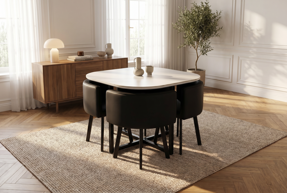 Oliver Nesting Dining Table set Square  Black Chairs