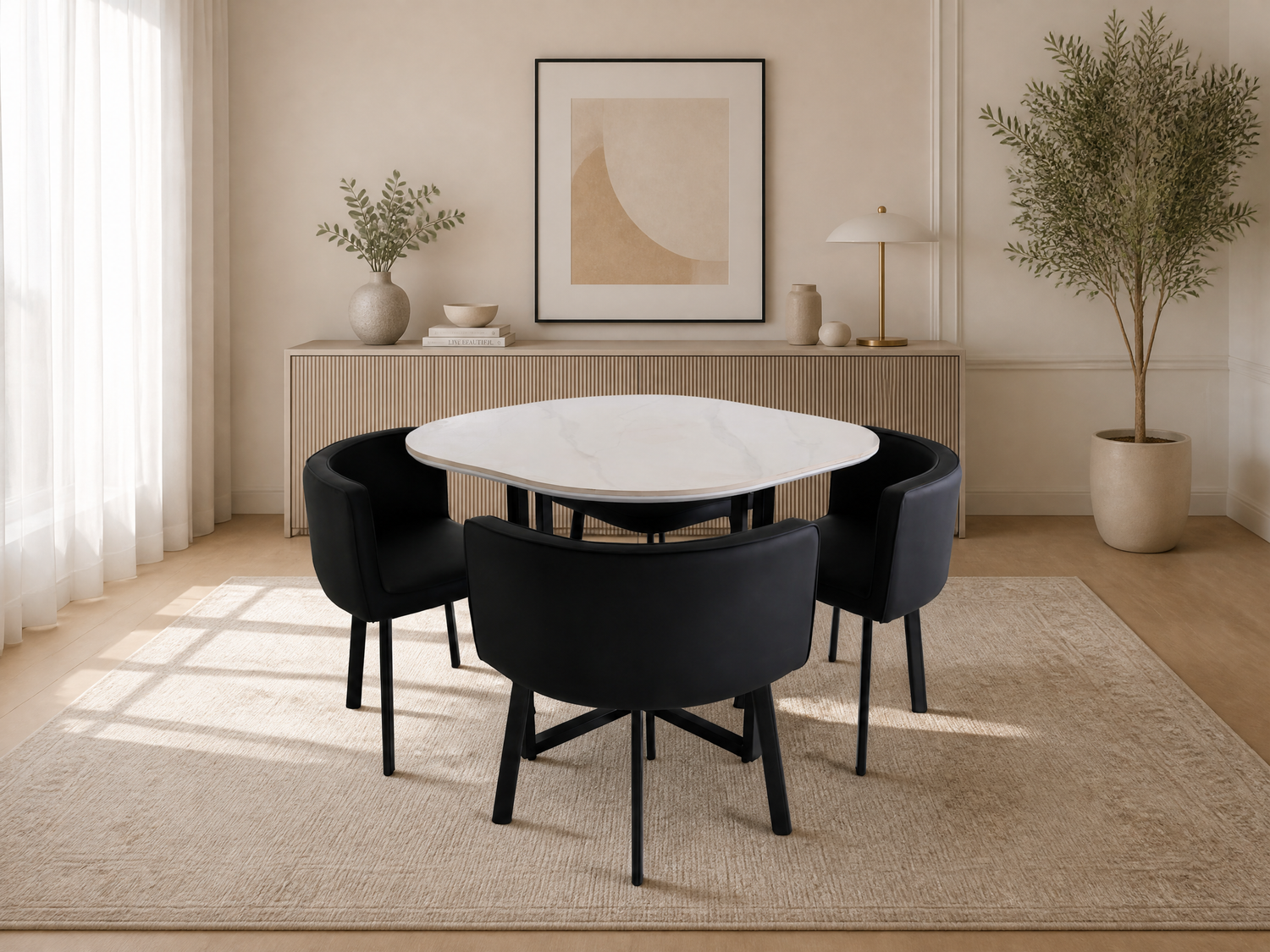 Oliver Nesting Dining Table set Square  Black Chairs
