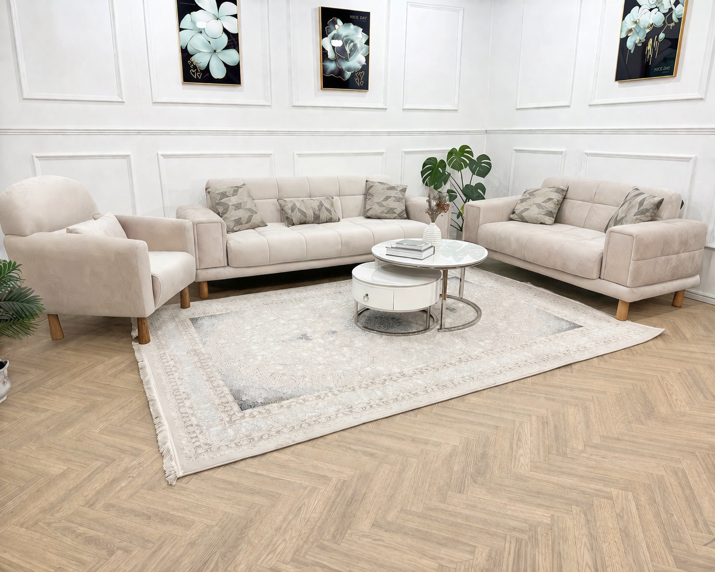 Q&amp;P Furniture Flora velvet sofa set featuring plush seating, modern design, and elegant upholstery in a stylish living room setting.