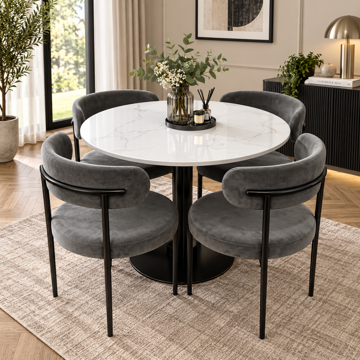 Dark Gray Luxe Velvet Dining Set – Light Grey &amp; Black