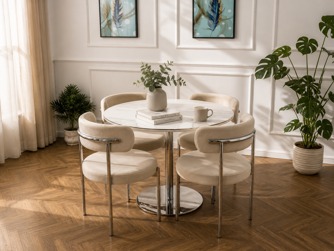 LUXE DINING SET-VELVET-BEIGE-SILVER