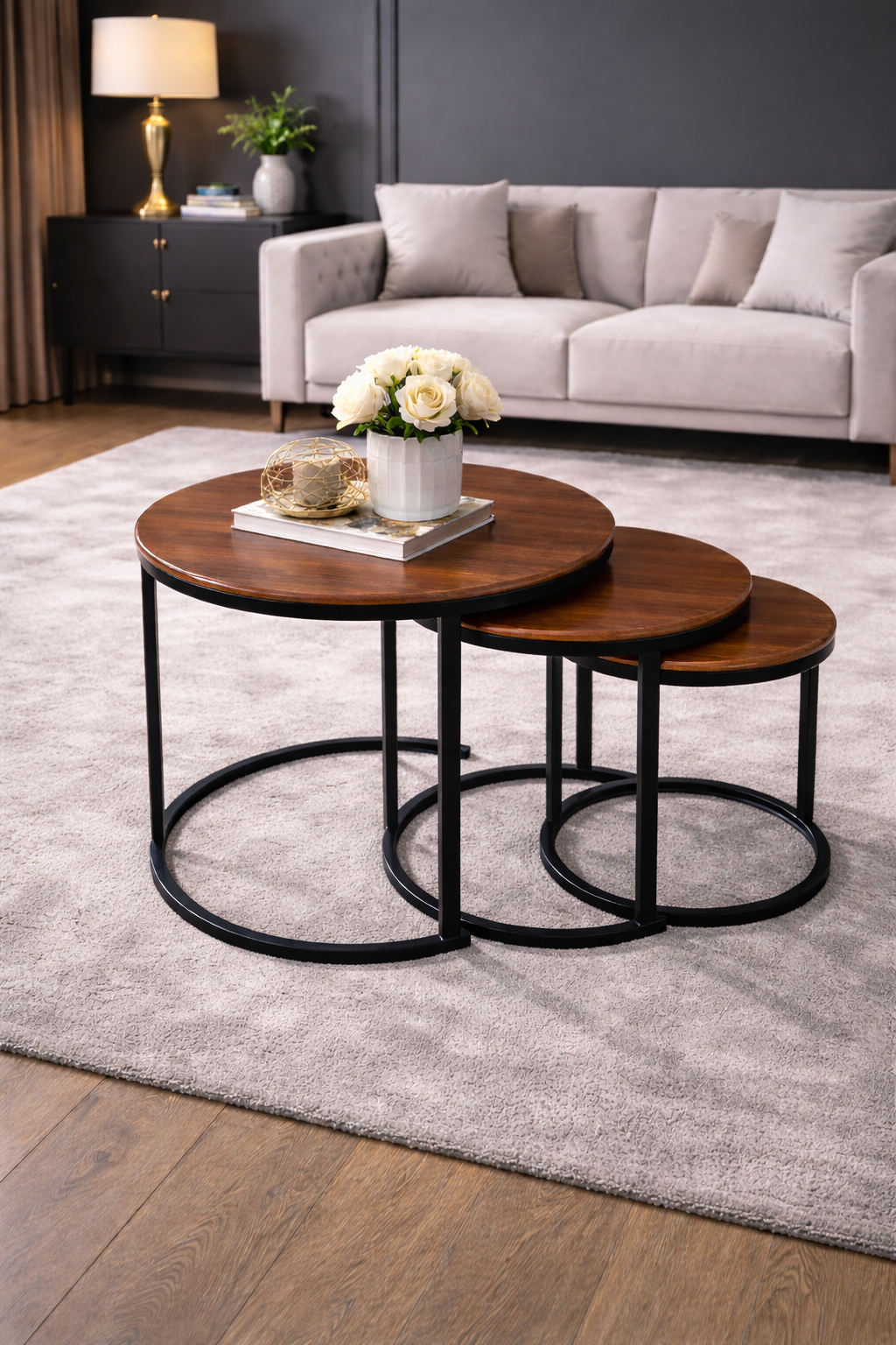 Oslo 3-Piece Walnut-Effect Nesting Coffee Table Set – Matt Black