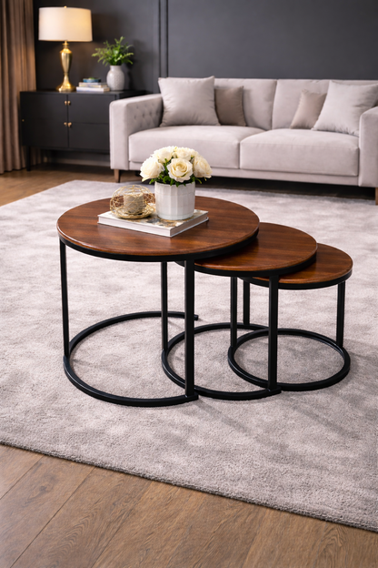 Oslo 3-Piece Walnut-Effect Nesting Coffee Table Set – Matt Black