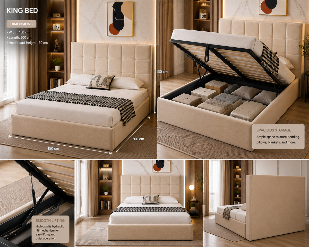 Velora Panel Upholstered Storage Bed – Modern Grey &amp; Beige Bed with Hydraulic Lift