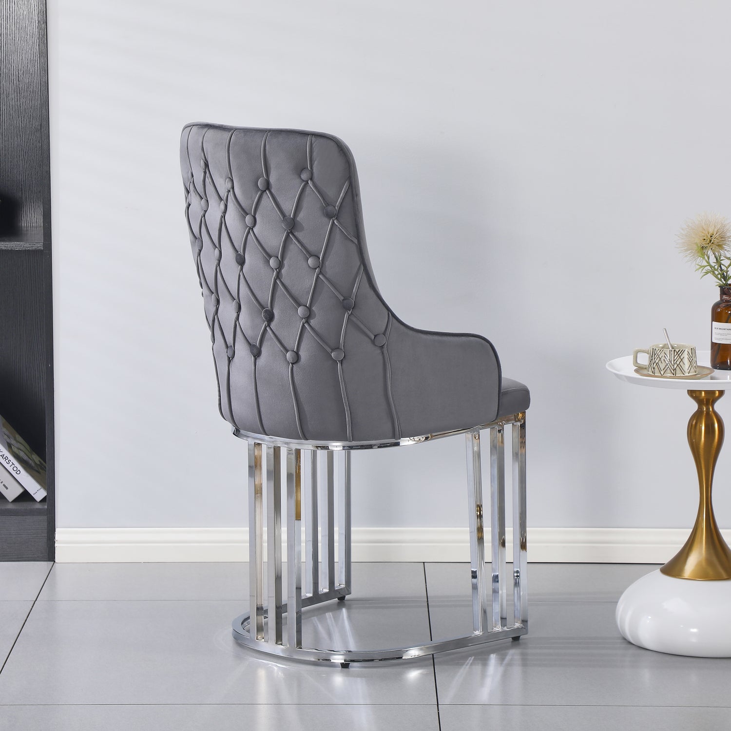 Q&amp;P Furniture Lumia extendable dining table set with grey chrome finish, showing the sleek, modern design and extendable feature.
