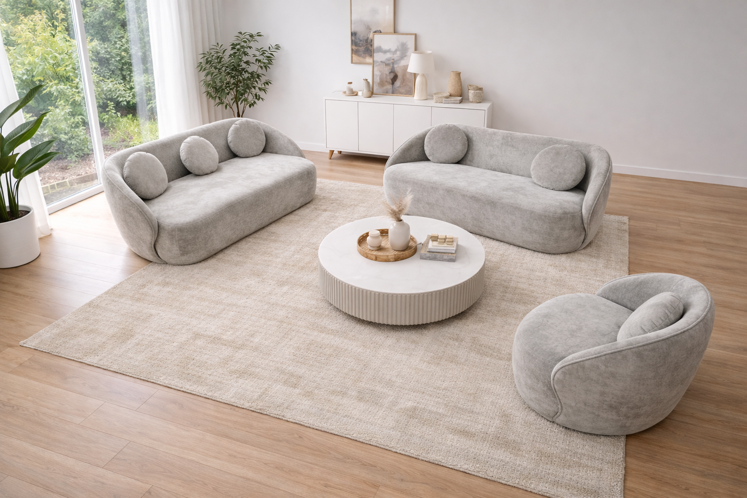 Q &amp; P furniture Luna sofa set with plush cushions and modern design, shown in a stylish living room setting.