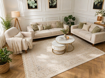 Q&amp;P Furniture Flora velvet sofa set with plush cushions and modern design, featuring a spacious seating arrangement.
