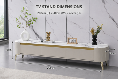Elora 200cm TV Unit – Light Cream, White Marble Top &amp; Gold