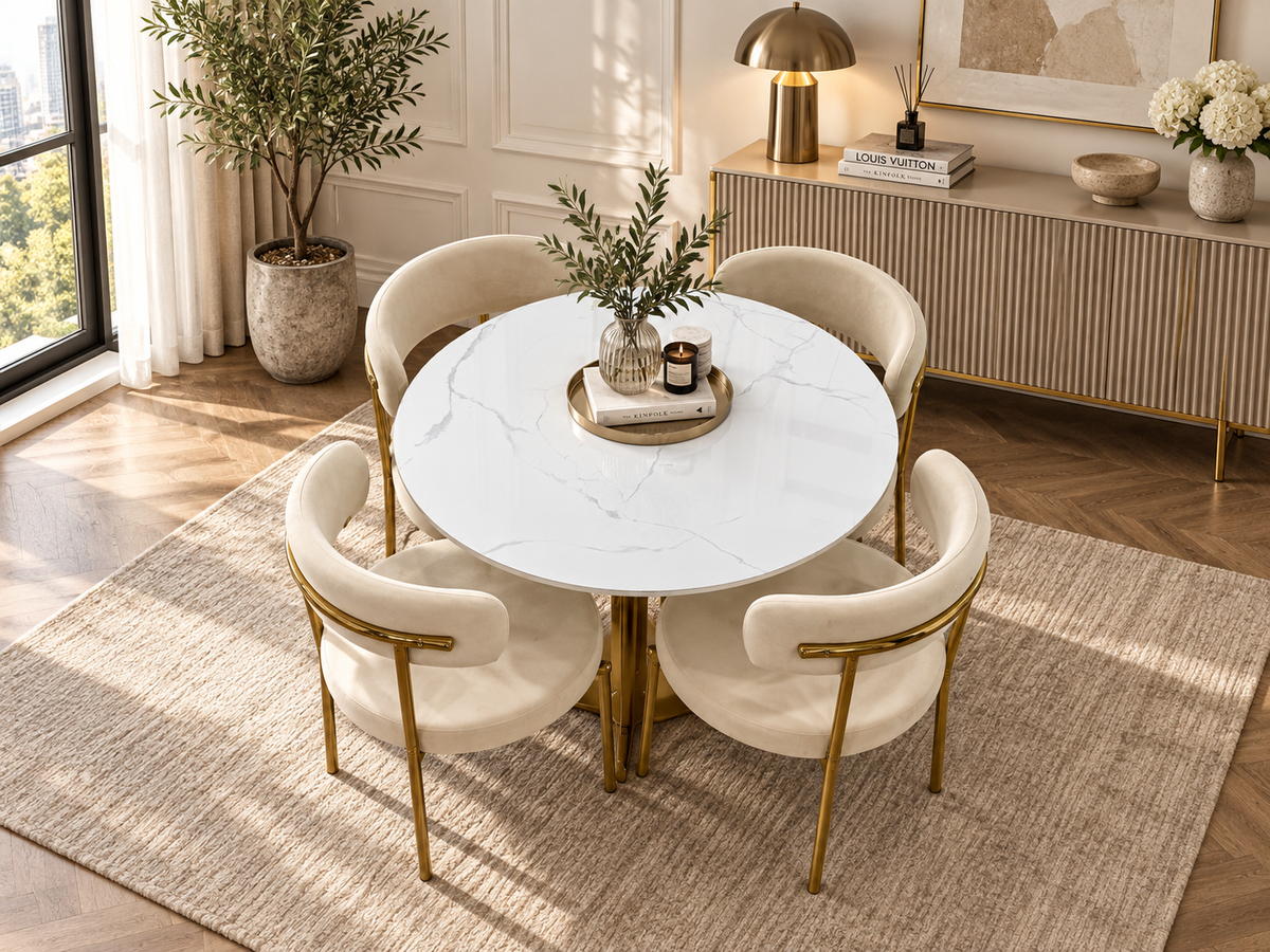 Luxe Round Dining Set with Beige Velvet Chairs – Gold