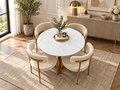 Luxe Round Dining Set with Beige Velvet Chairs – Gold
