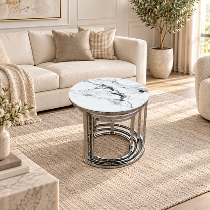 Monaco 3-Piece Nesting Coffee Table Set – Marble Effect &amp; Silver