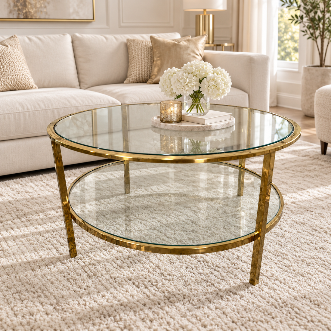 Clio Round Gold &amp; Glass Coffee Table with Lower Shelf