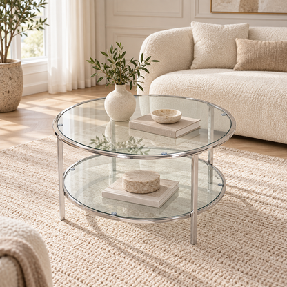 Clio Round Gold &amp; Glass Coffee Table with Lower Shelf
