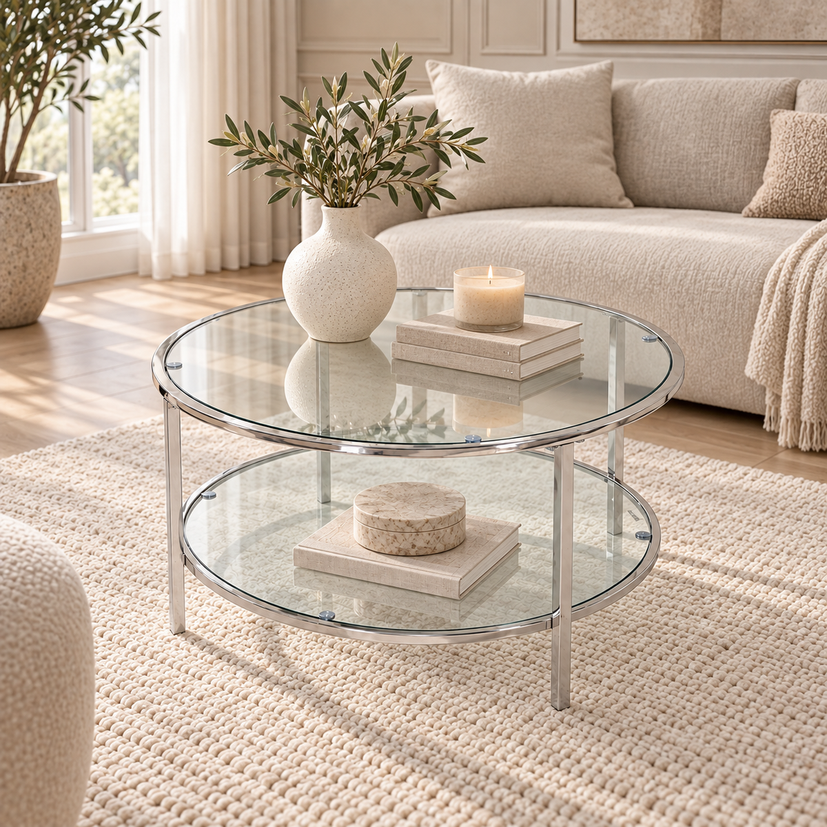 Clio Round Gold &amp; Glass Coffee Table with Lower Shelf