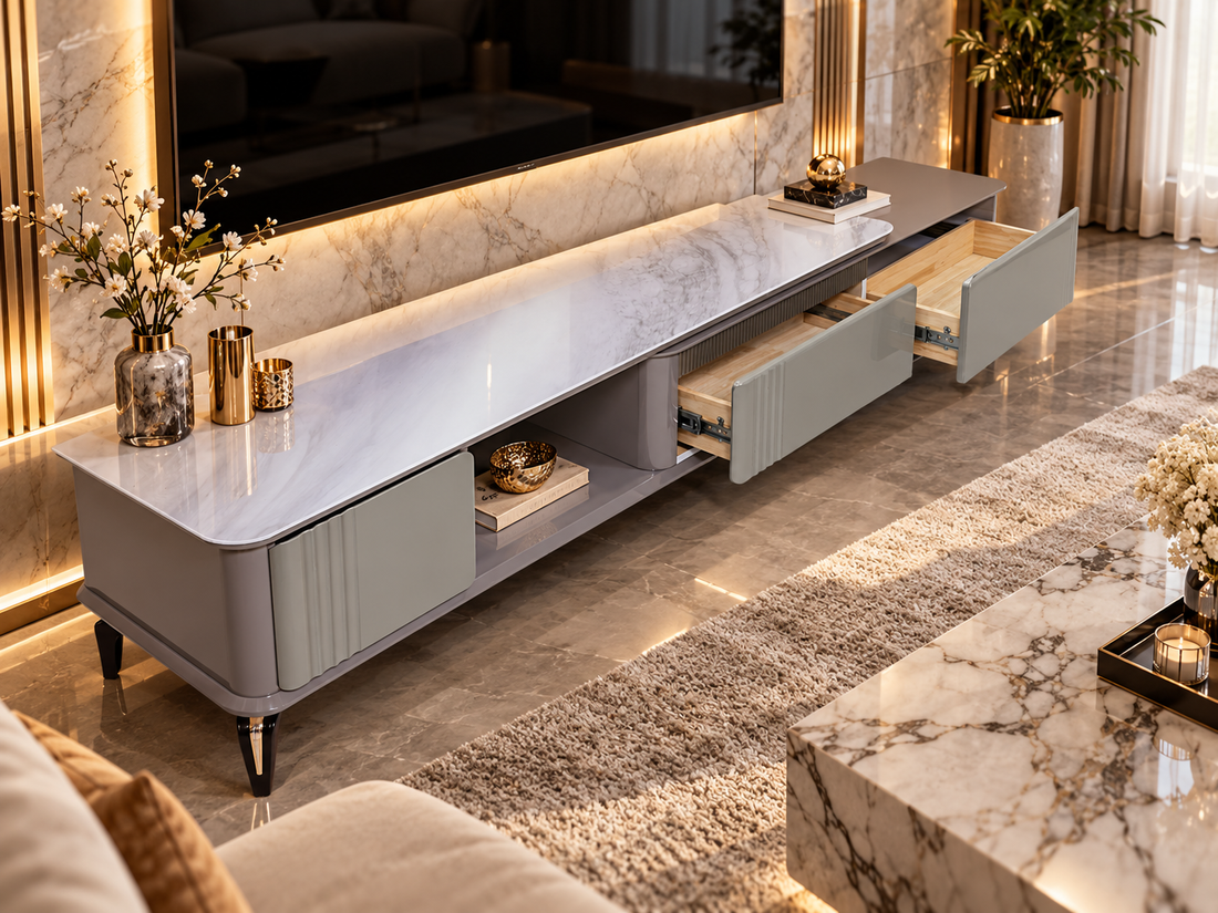 Kelvia Extendable TV Unit – Grey Marble & Silver