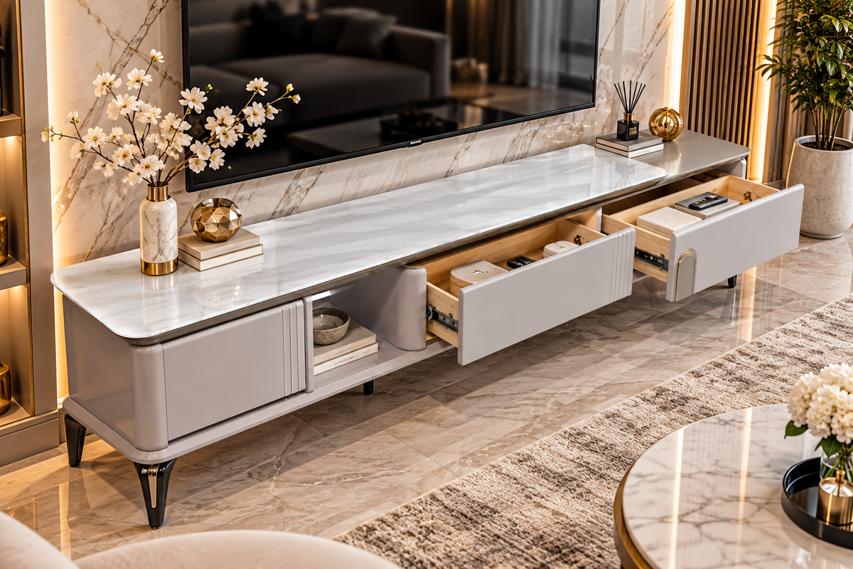 Elvani Extendable TV Unit – White Marble &amp; Taupe | Model 7985