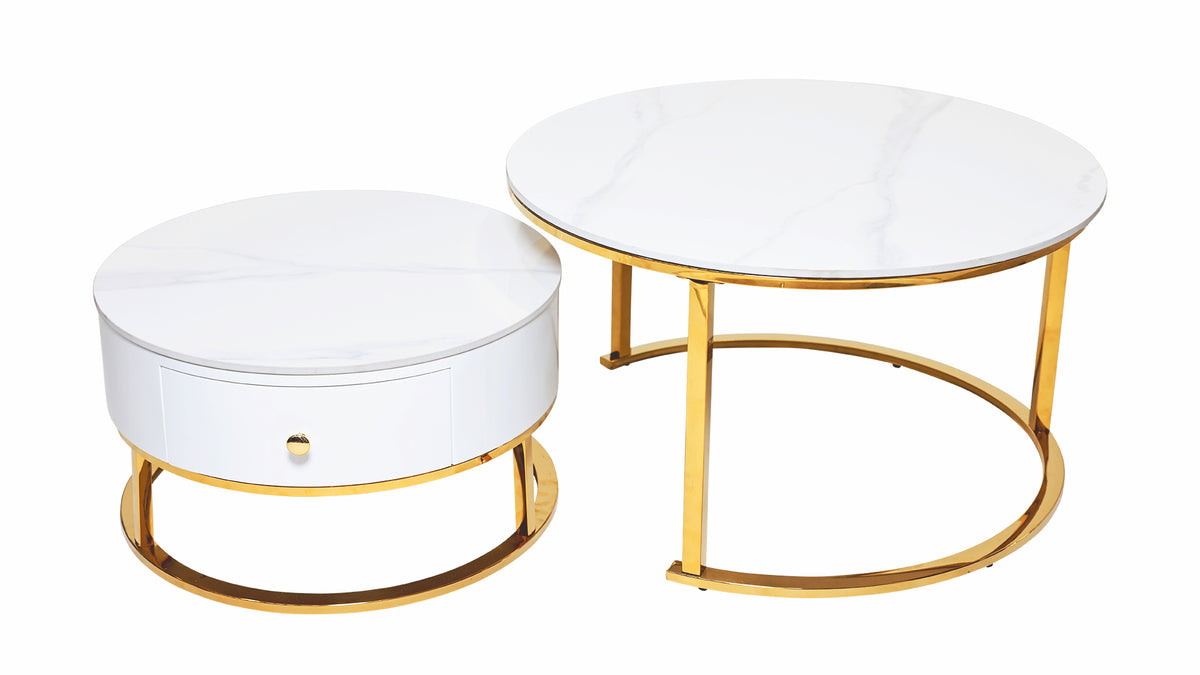 Opal Nesting Coffee Table Set with Storage Drawer – Marble Effect