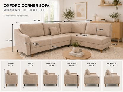 Q&amp;P Furniture Oxford corner sofa bed with storage, featuring plush cushions and sleek fabric in a modern living room setting.