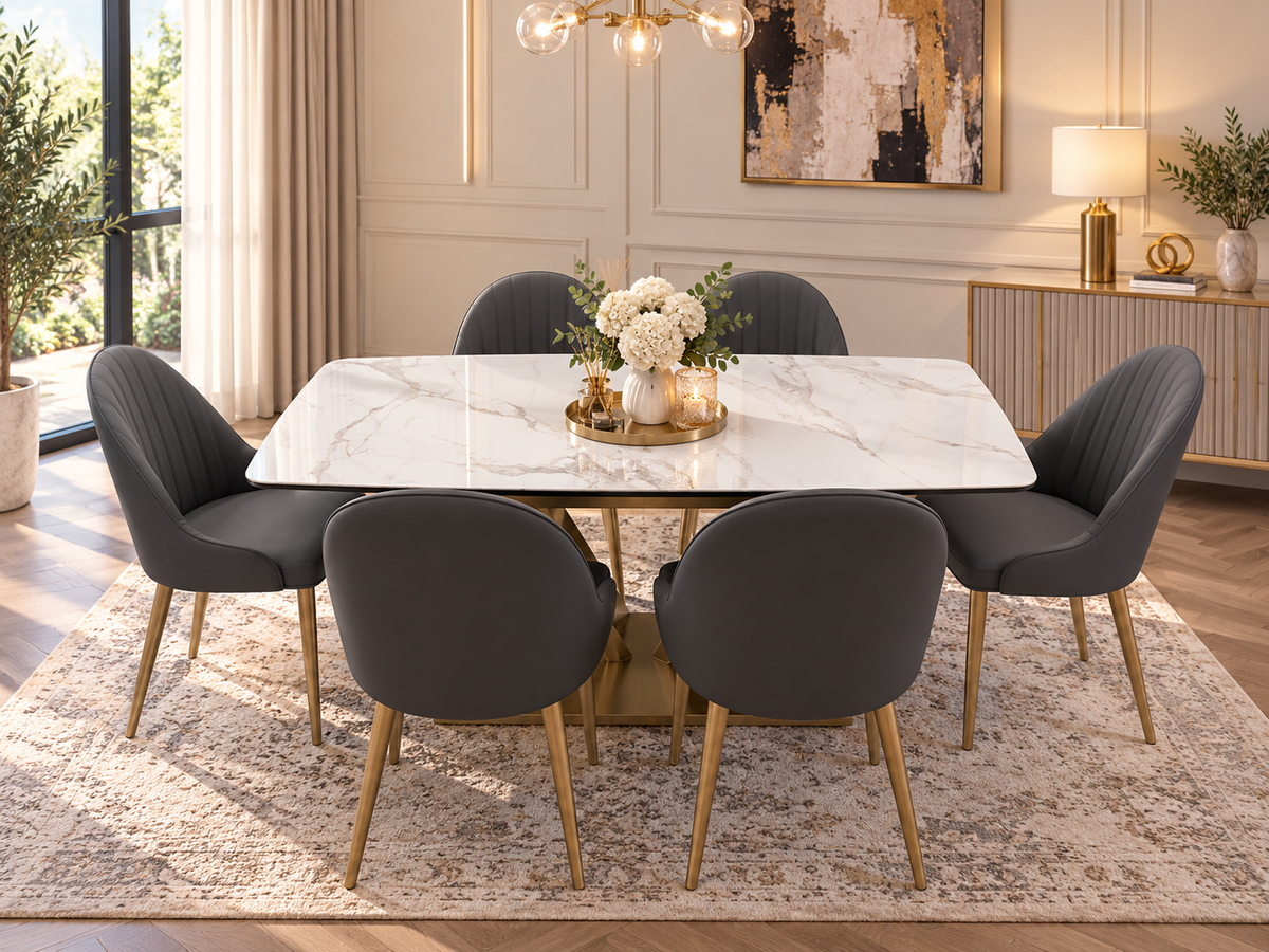 LUXORA Luxury Marble-Effect Dining Table Set  – Gold Legs