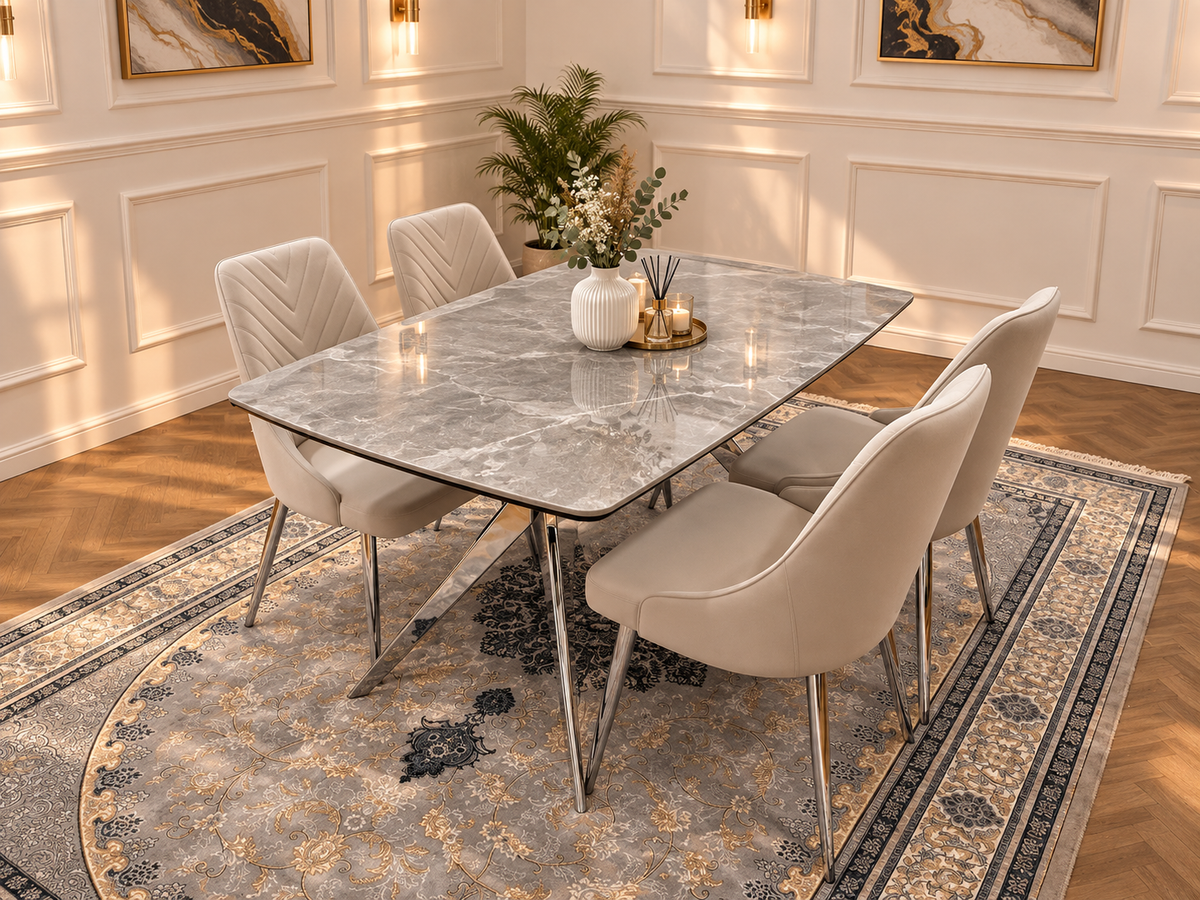 Savello Luxury Grey Marble-Effect Dining Set – 4 or 6 Beige or Grey Chairs