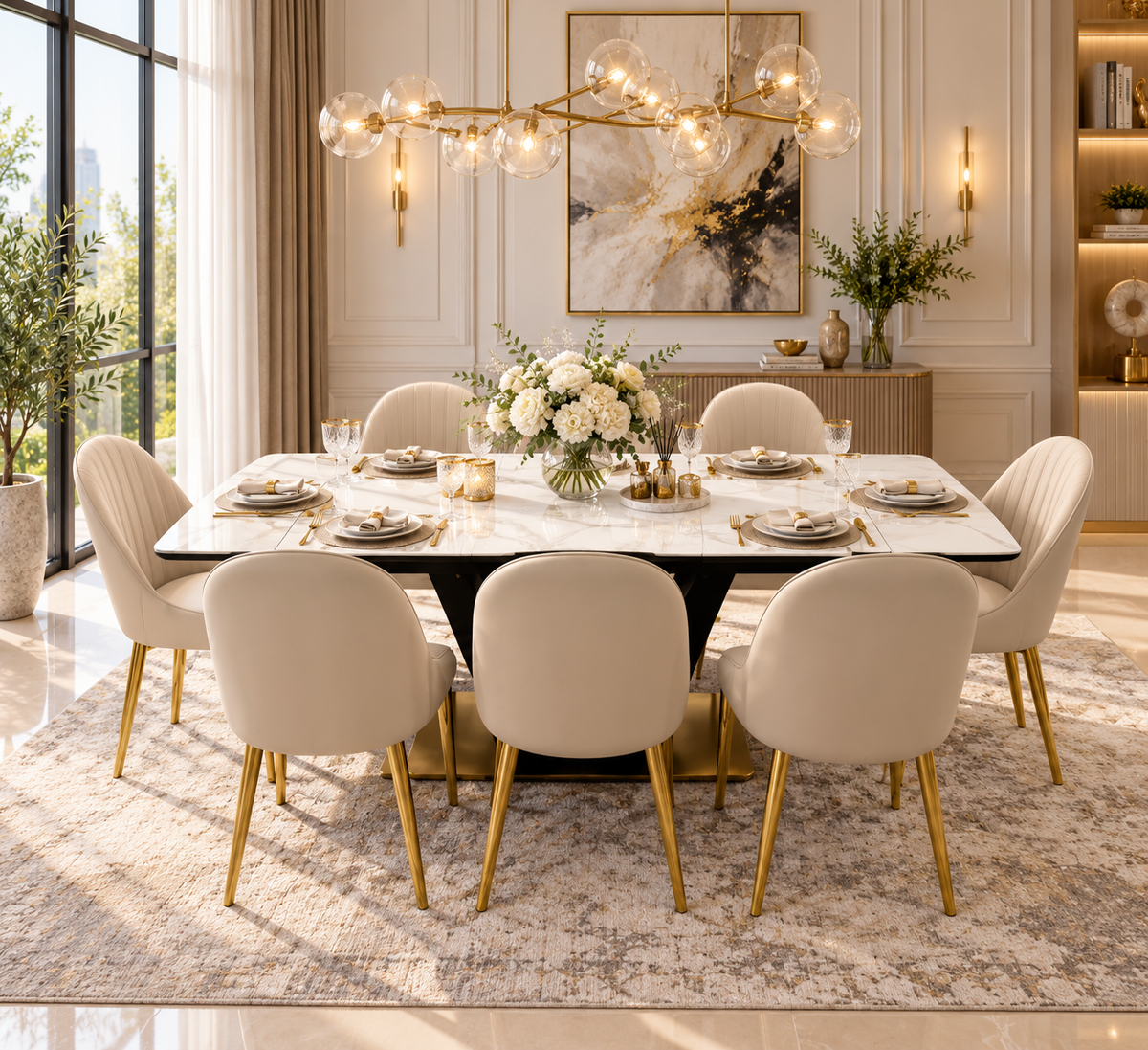 Elara Luxury Extendable Marble-Effect Dining Table Set