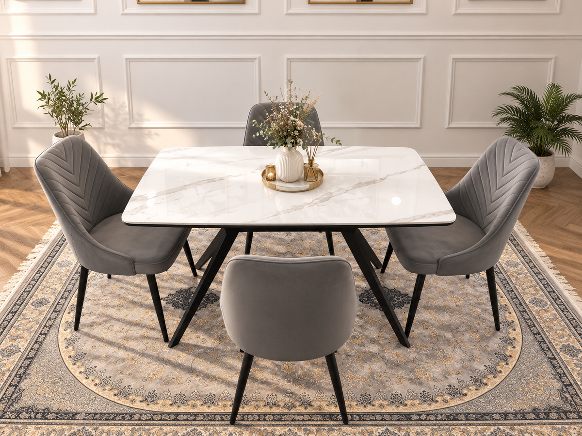 Rovella Luxury Marble-Effect Dining Set – 4 or 6 Grey Chairs