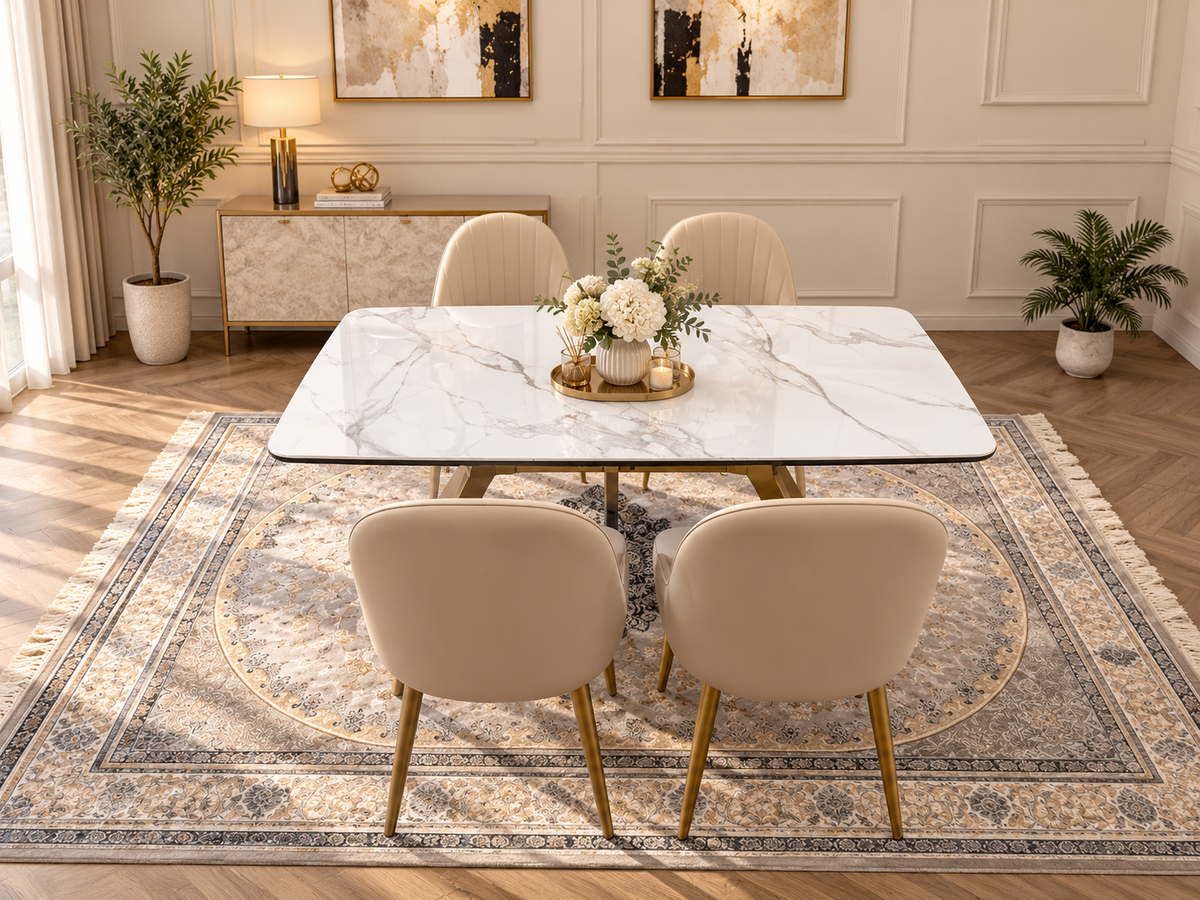 LUXORA Luxury Marble-Effect Dining Table Set  – Gold Legs