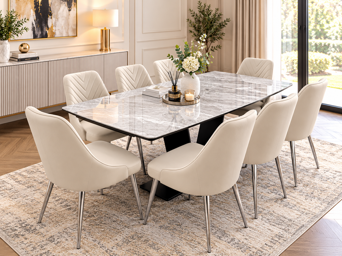 Roma Luxury Extendable Grey Marble-Effect Dining Table Set with 6 or 8 Grey Chairs