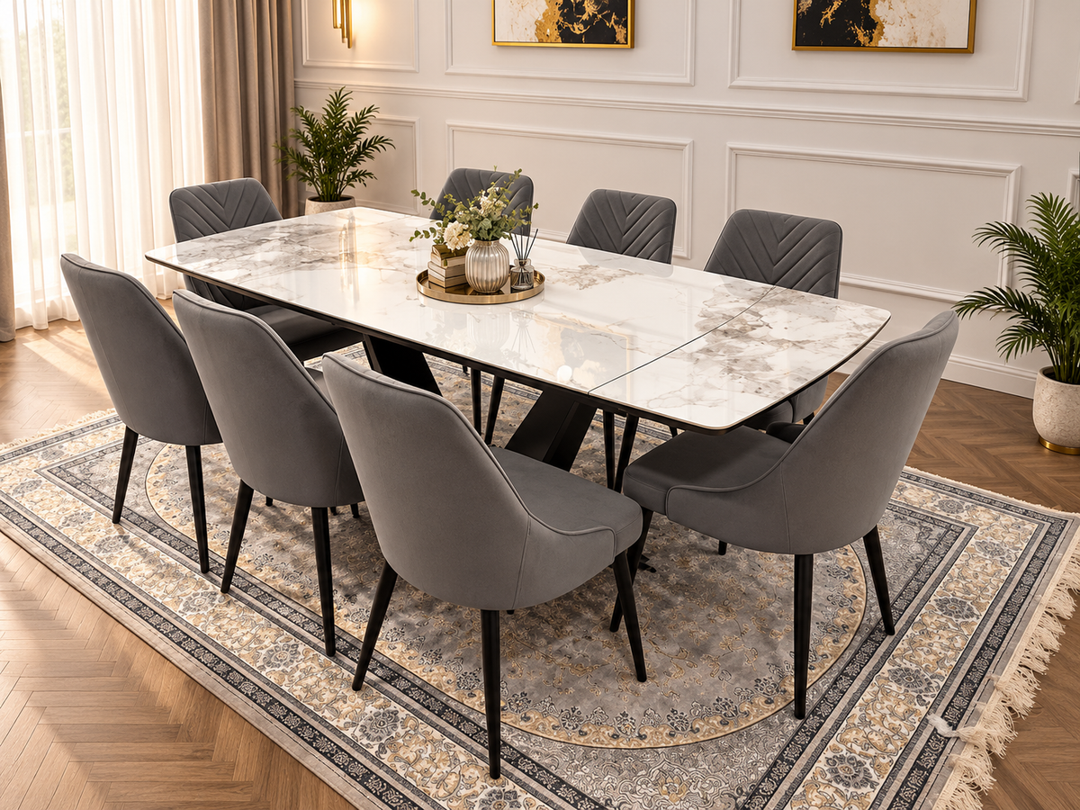 Bellaro Luxury Extendable Marble-Effect Dining Set – 6 or 8 Grey Chairs