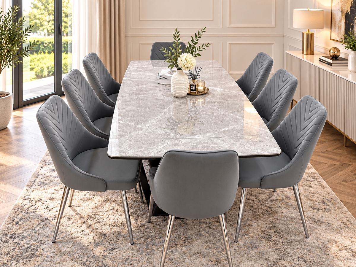 Roma Luxury Extendable Grey Marble-Effect Dining Table Set with 6 or 8 Grey Chairs