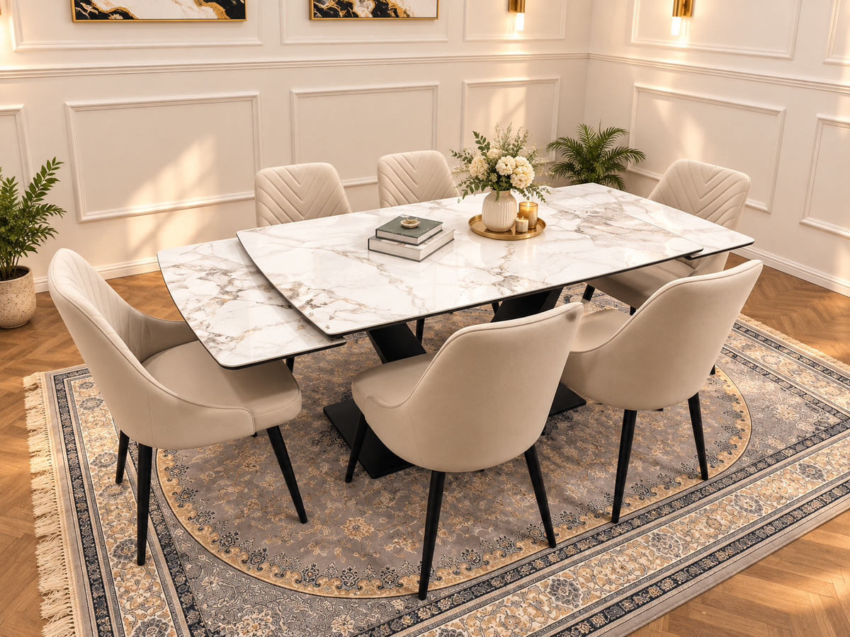 Bellaro Luxury Extendable Marble-Effect Dining Set – 6 or 8 Grey Chairs