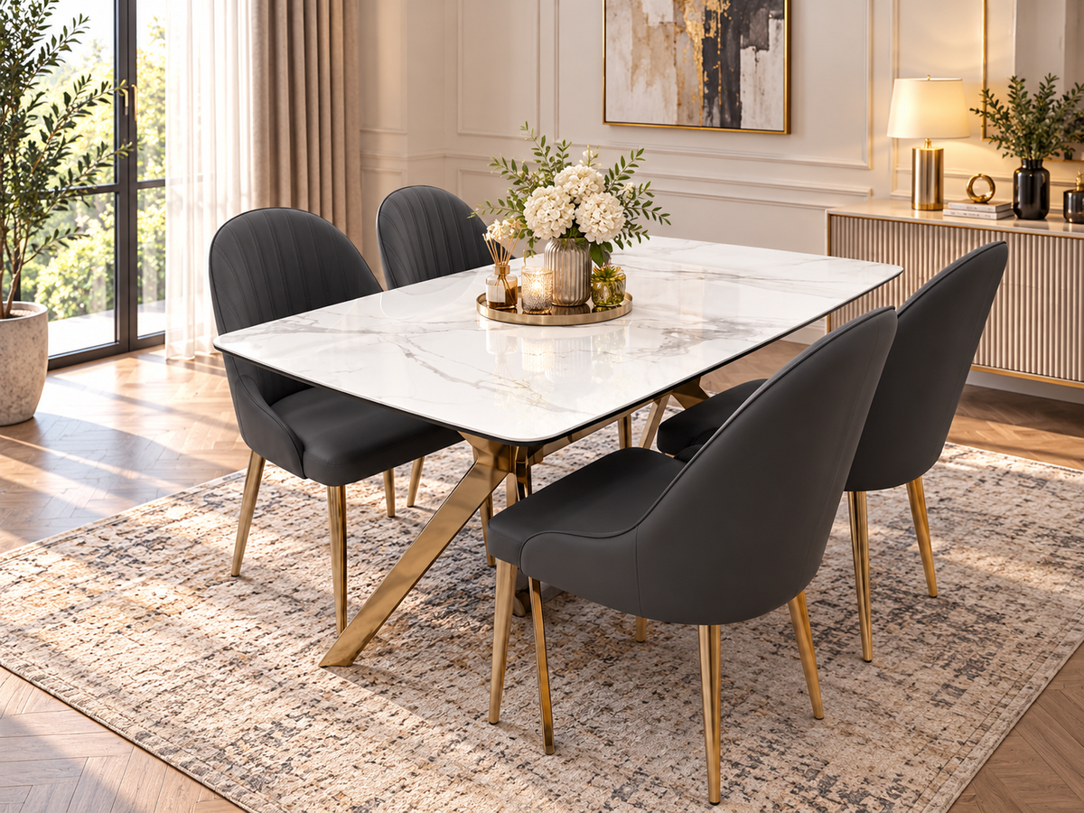 LUXORA Luxury Marble-Effect Dining Table Set  – Gold Legs