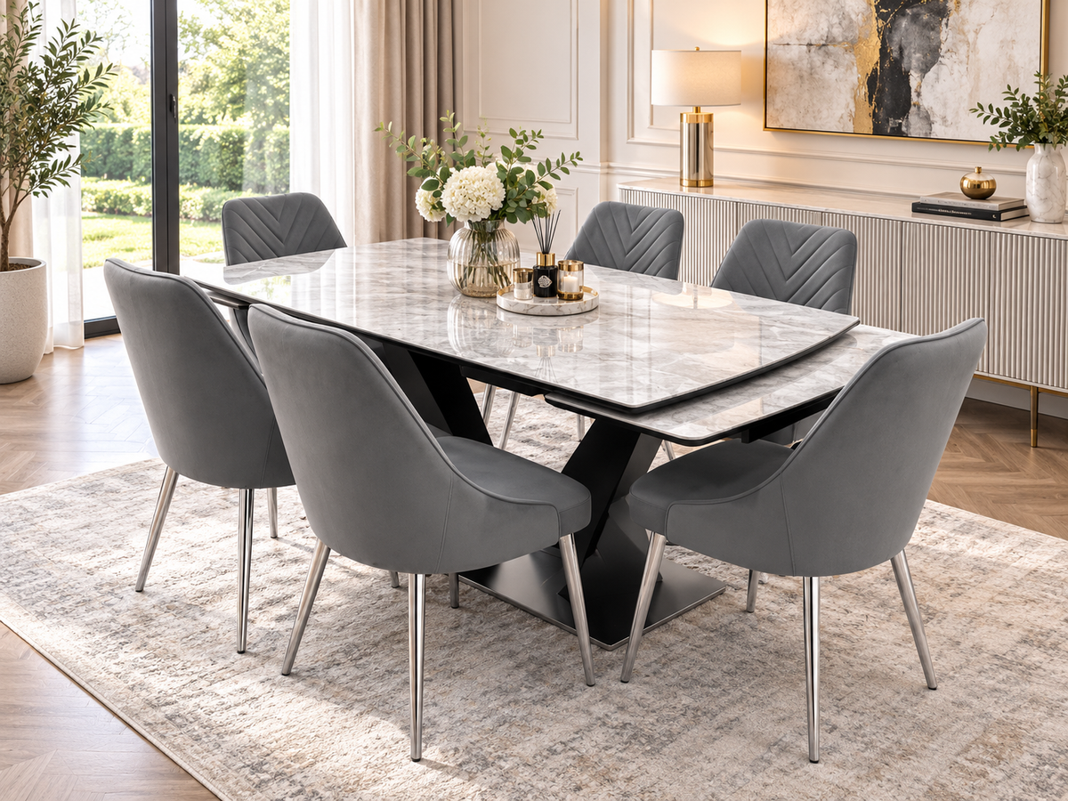 Roma Luxury Extendable Grey Marble-Effect Dining Table Set with 6 or 8 Grey Chairs