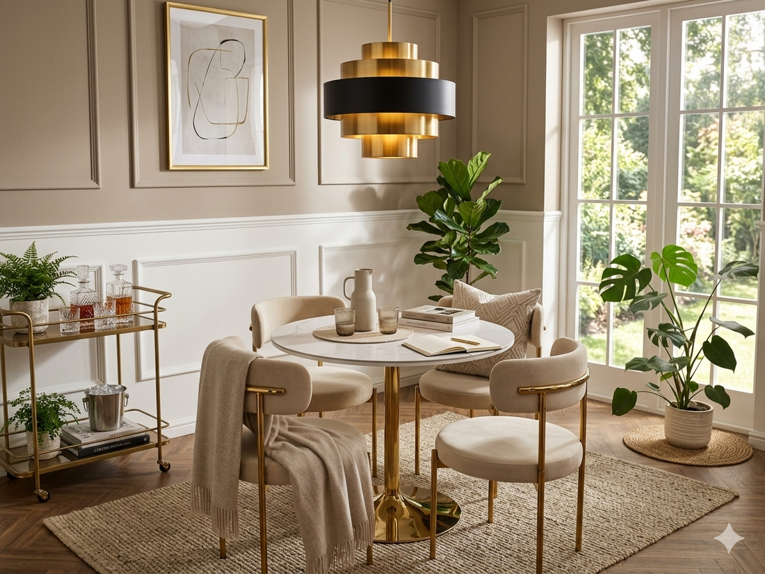 Q & P Furniture luxe beige velvet dining table with gold accents, showcasing elegant design and polished surface.