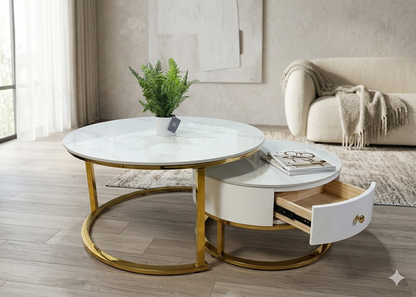 Opal Nesting Coffee Table Set with Storage Drawer – Marble Effect