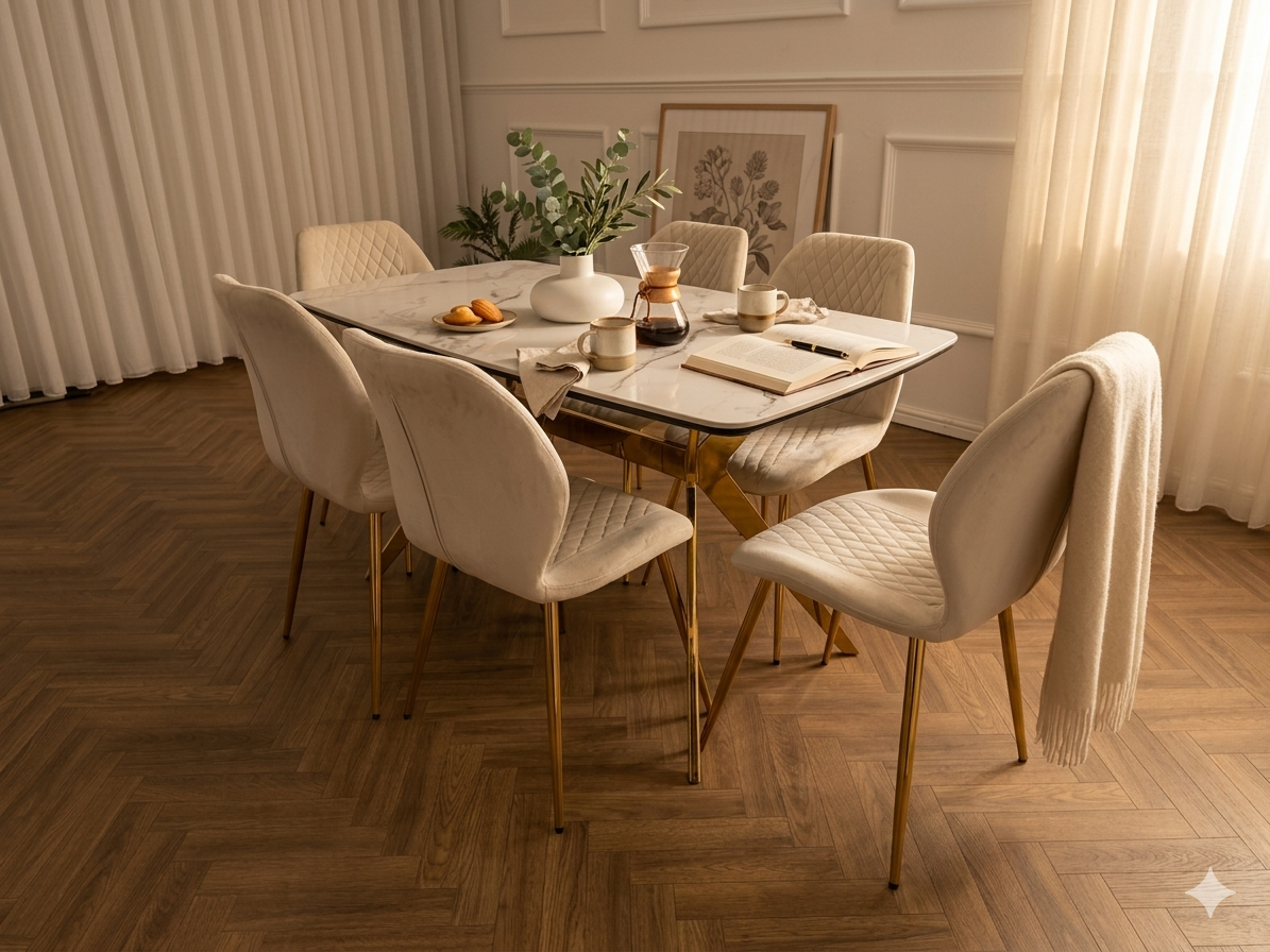 Q&amp;P Furniture Vero dining set with a modern dining table and matching chairs, featuring a sleek design and wooden finish.